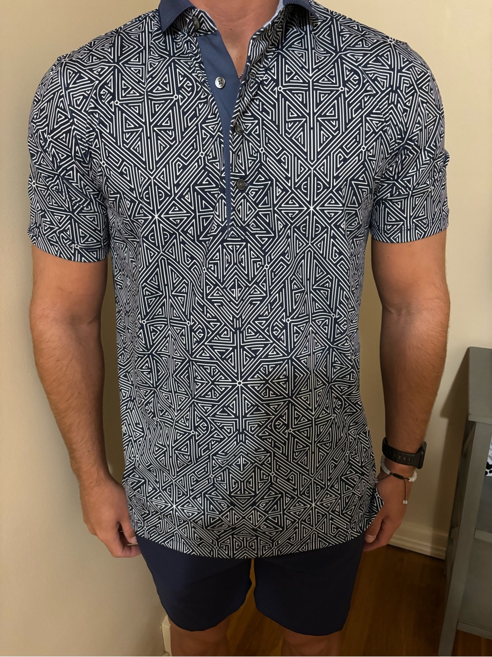 Greyson Navy and White Geo-Print Polo with Contrast Placket